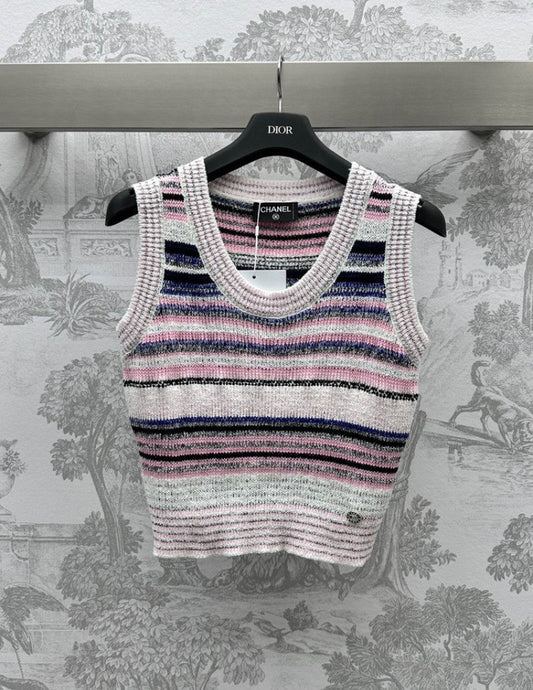 0528 Striped mismatched color knitted vest