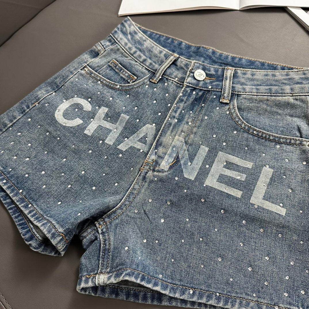 0528 Rhinestone Lettering Denim Shorts