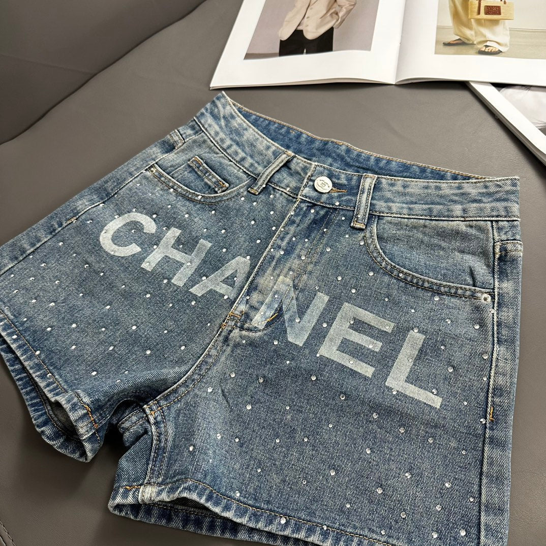 0528 Rhinestone Lettering Denim Shorts