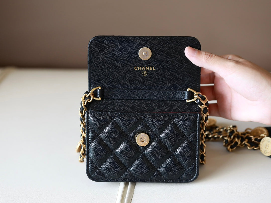 0528 Black Quilted Caviar Belt Bag Aged Gold Hardware