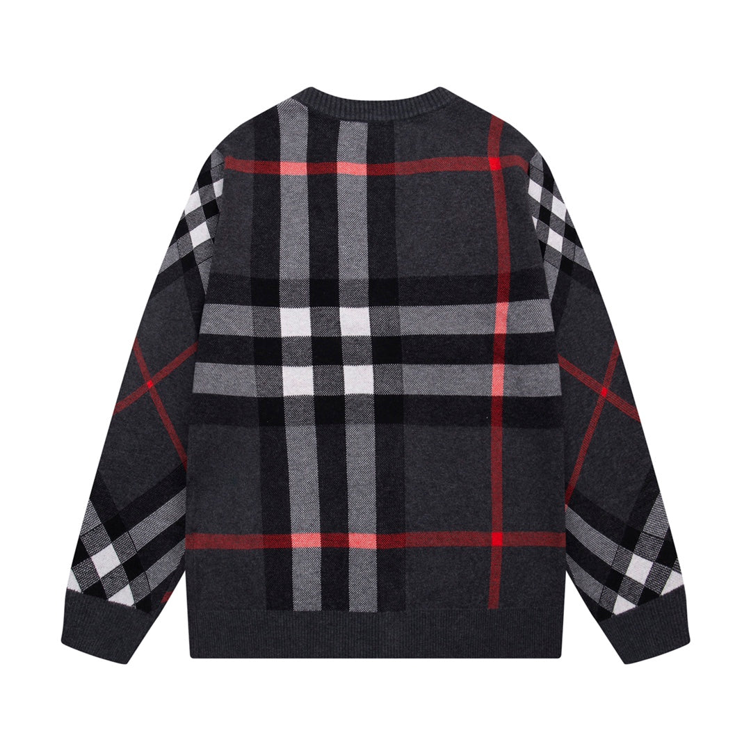 1014 Color-matching plaid zip-up sweater