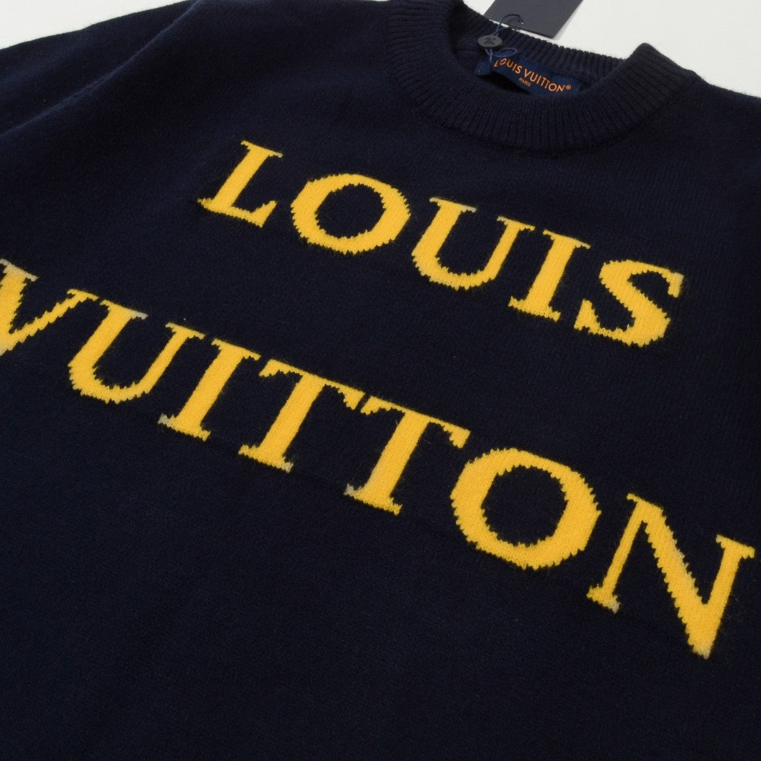 1102 New yellow and blue color contrast letters logo jacquard crewneck sweater