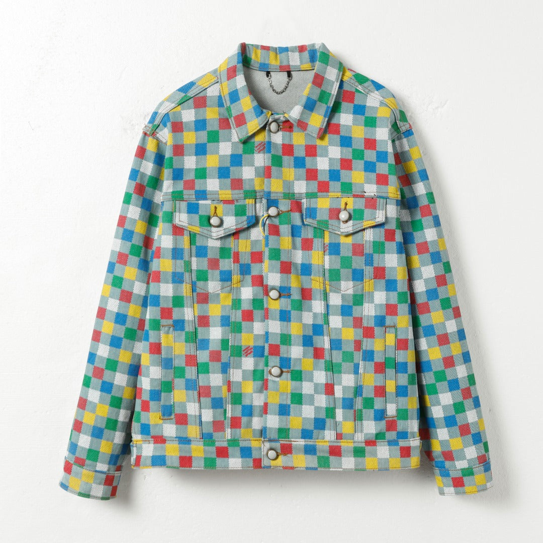 1126 Limited color Rubik's checkerboard patchwork denim jacket jeans